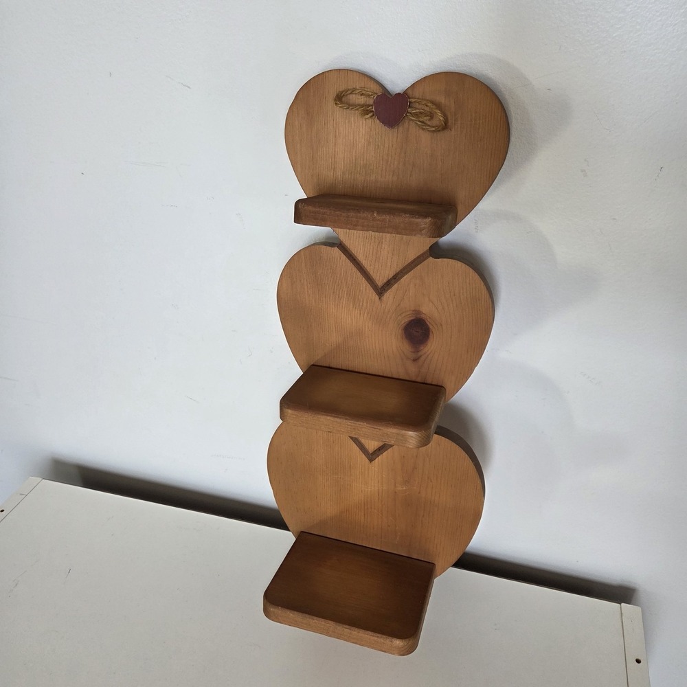 Vtg Wood 3 Tier Heart Shaped Wall Hanging Display Shelf Farmhouse Country 21"